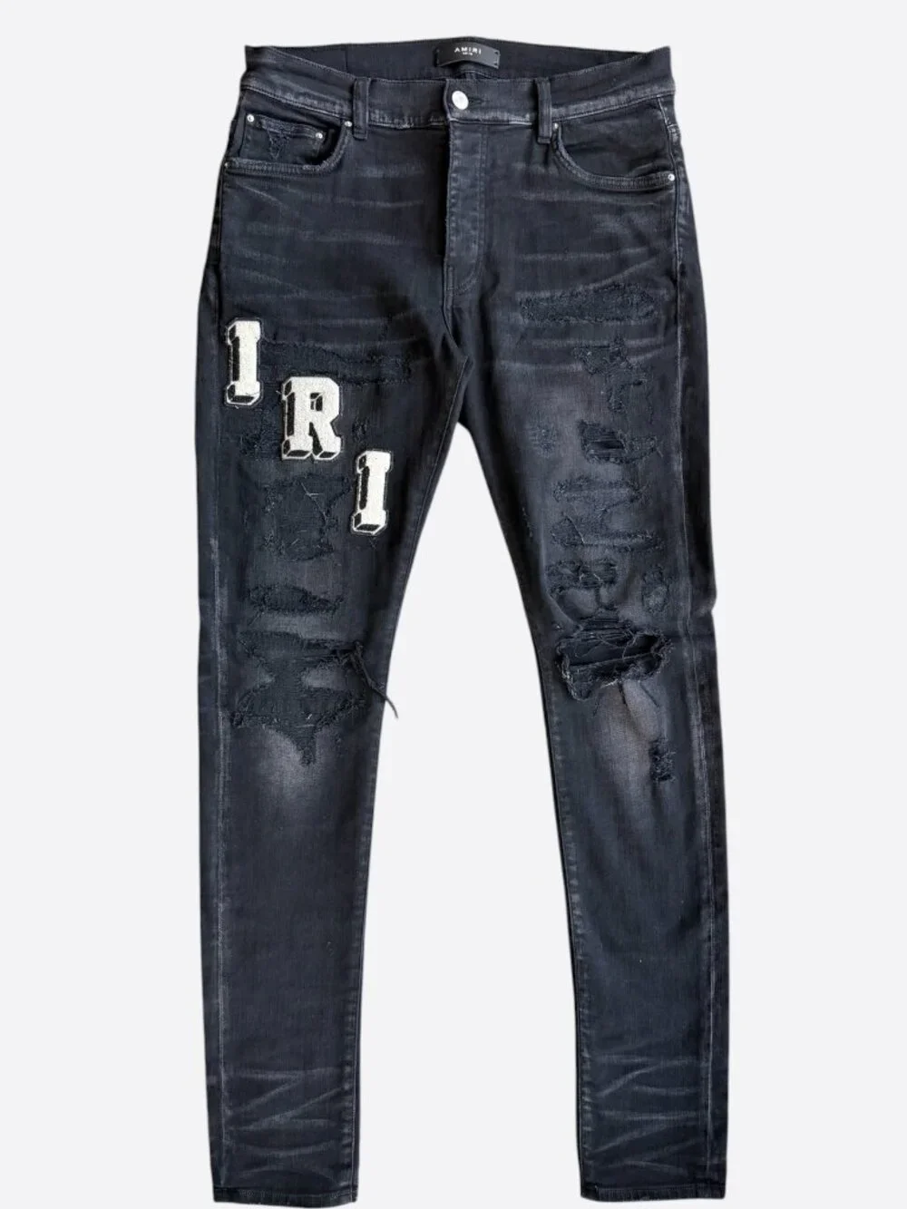 Amiri Faded Black & White Varsity Applique Distressed Jeans
